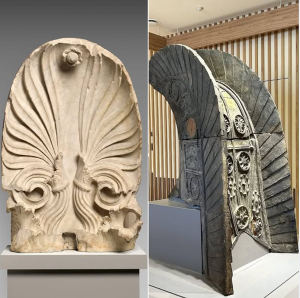 오른쪽) 경주 황룡사지에서 발굴된 치미 /왼쪽) 아크로테리온, 티모테오스와 니콘의 기념건축의 일부, 기원전 4세기